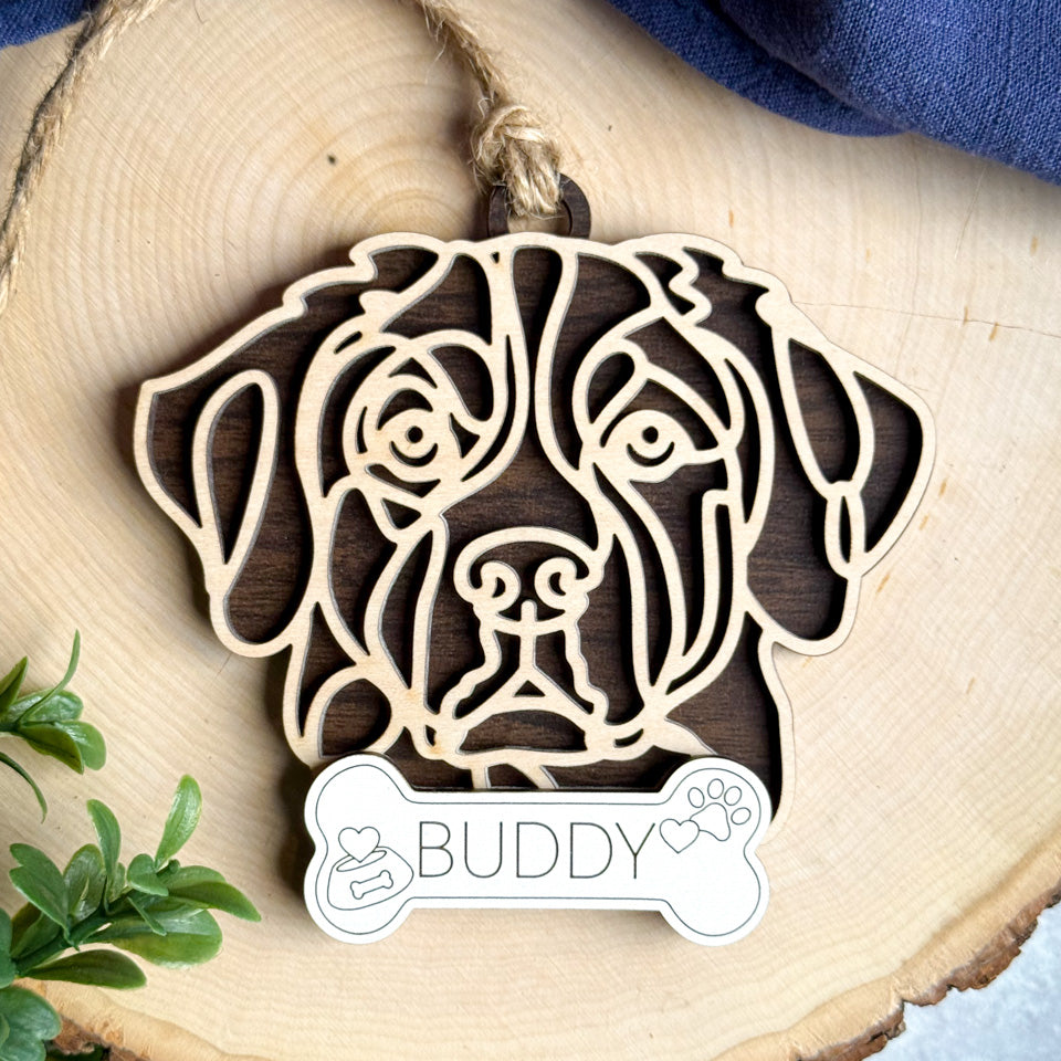 Entlebucher line art dog ornament laser cut from natural wood.