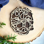Exotic Bulldog Cropped line art dog ornament laser cut from natural wood.