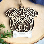Exotic Bulldog line art dog ornament laser cut from natural wood.