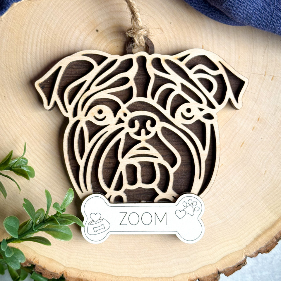 Exotic Bulldog line art dog ornament laser cut from natural wood.