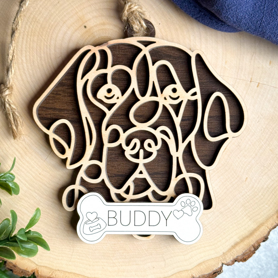 Flat Coaated Retriever line art dog ornament laser cut from natural wood.