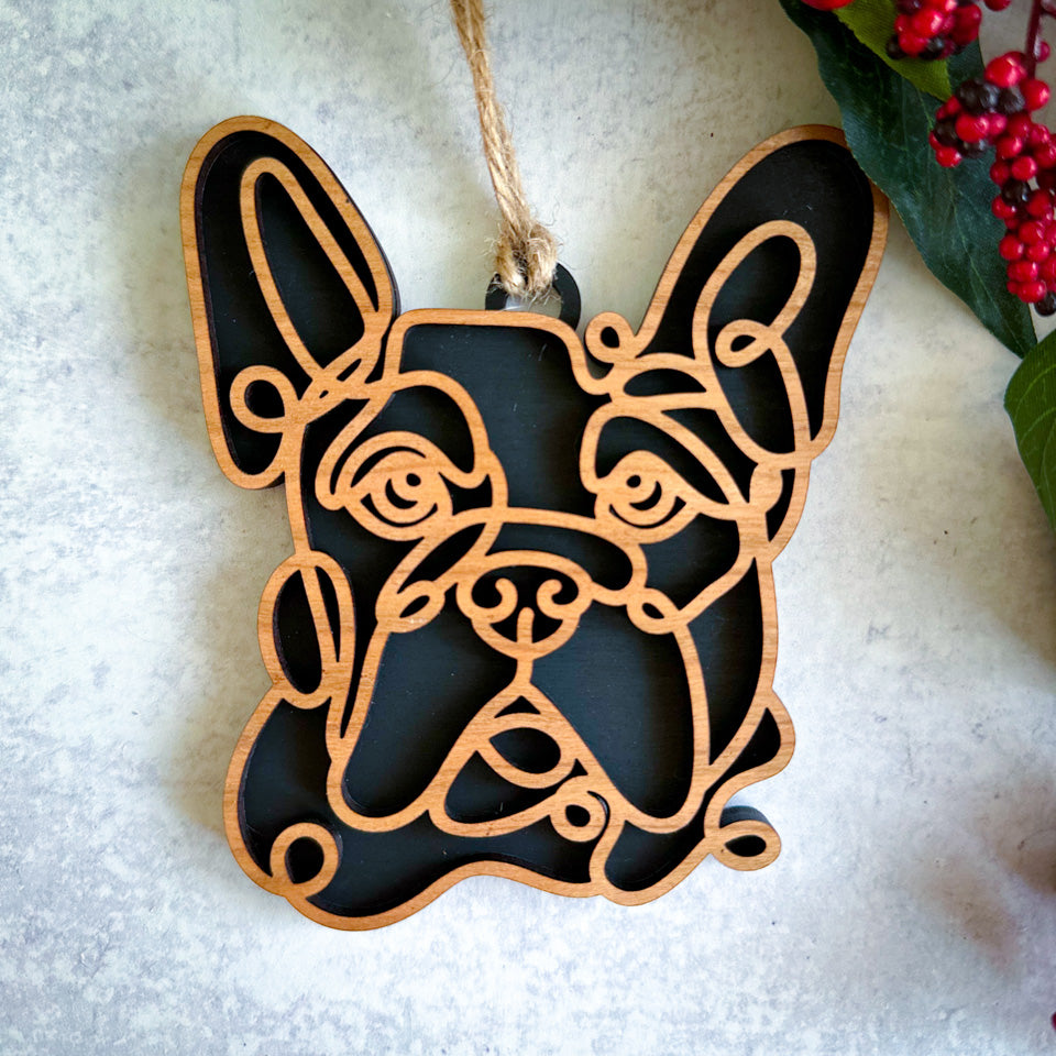 French Bulldog line art dog ornament laser cut from natural wood.