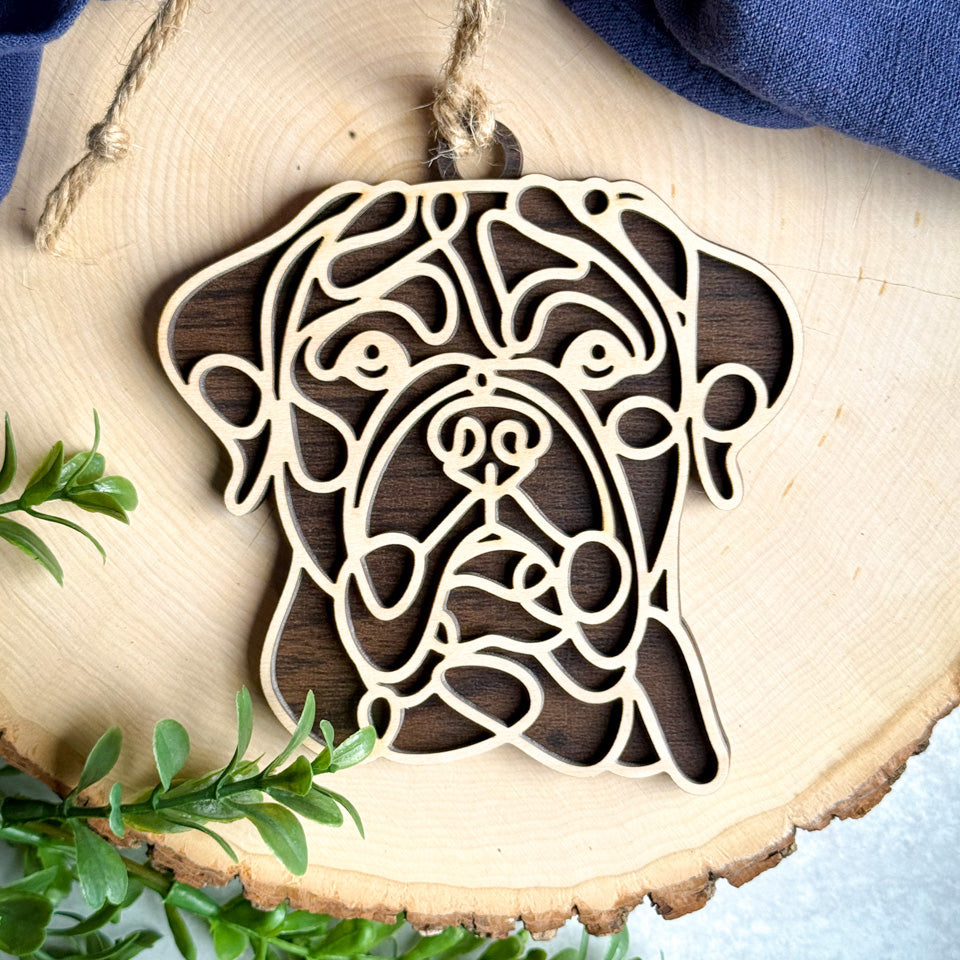 French Mastiff line art dog ornament laser cut from natural wood.