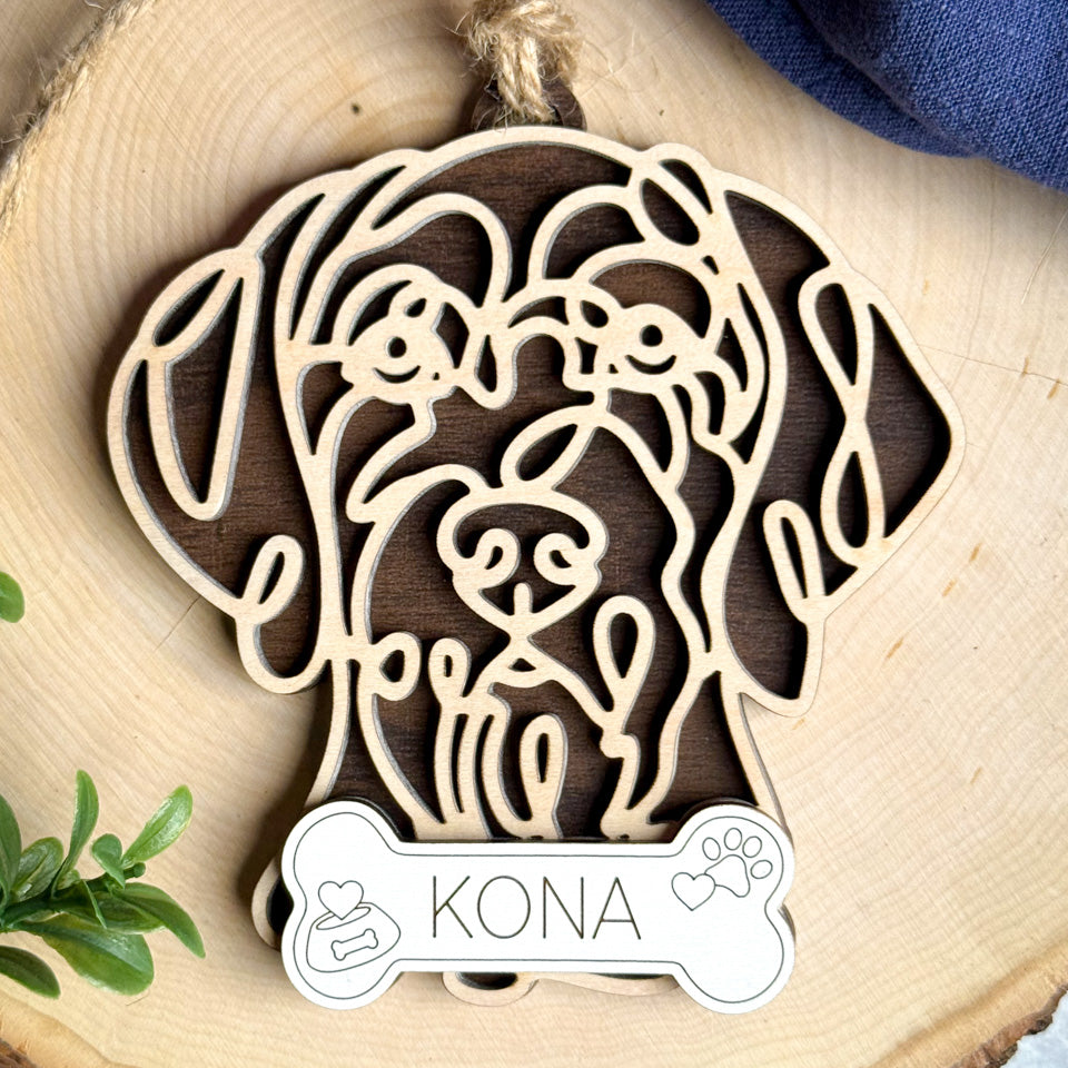 German Wirehaired Pointer line art dog ornament laser cut from natural wood.