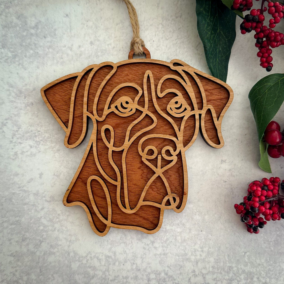 Great Dane Natural line art dog ornament laser cut from natural wood.