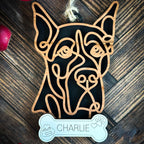 Great Dane Cropped line art dog ornament laser cut from natural wood.