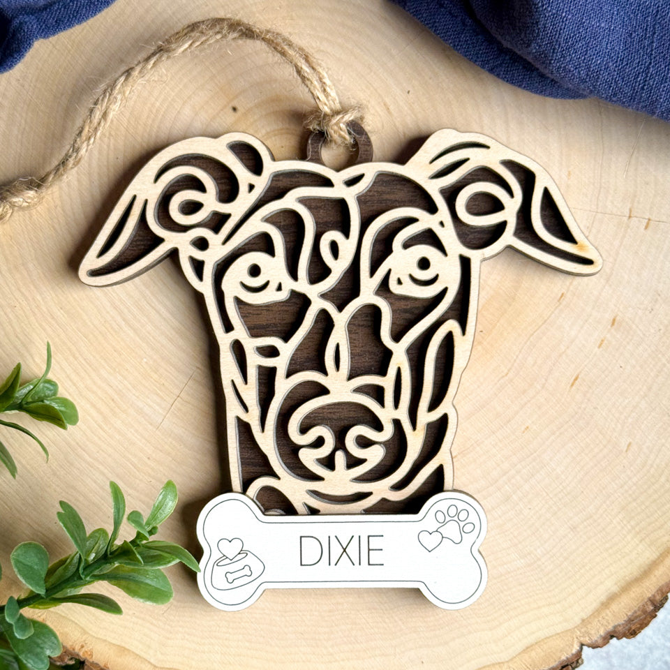 Greyhound  line art dog ornament laser cut from natural wood.