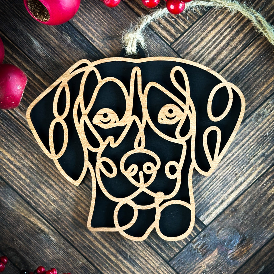 Harrier line art dog ornament laser cut from natural wood.