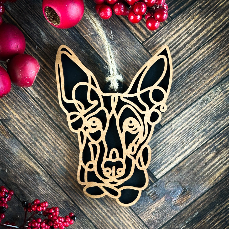 Ibizan Hound line art dog ornament laser cut from natural wood.