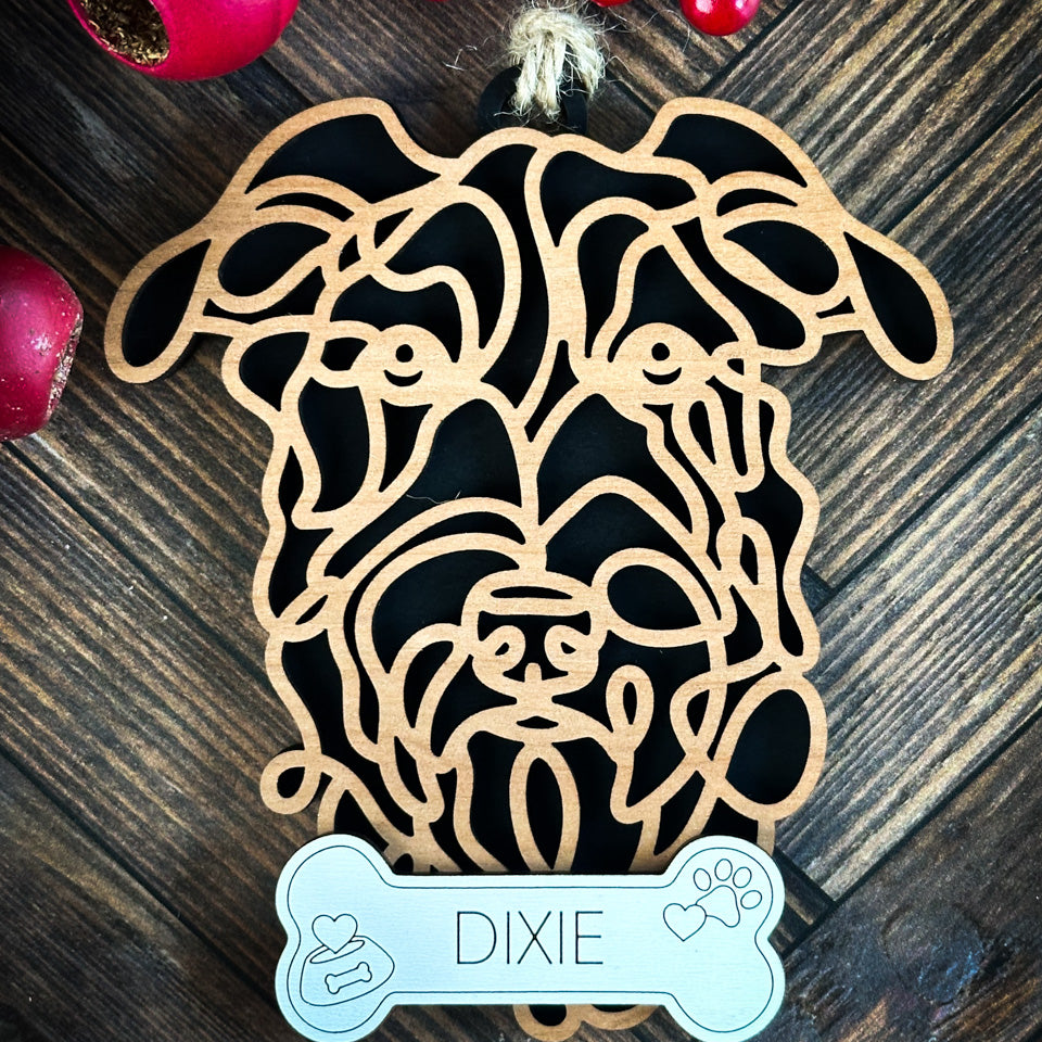 Irish Wolfhound line art dog ornament laser cut from natural wood.