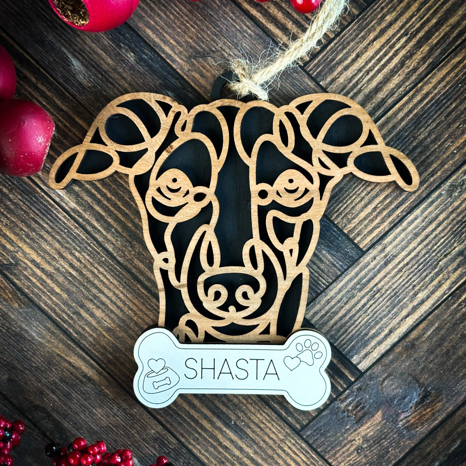Italian Greyhound line art dog ornament laser cut from natural wood.
