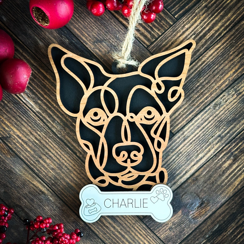 Jack Russell Terrier line art dog ornament laser cut from natural wood.