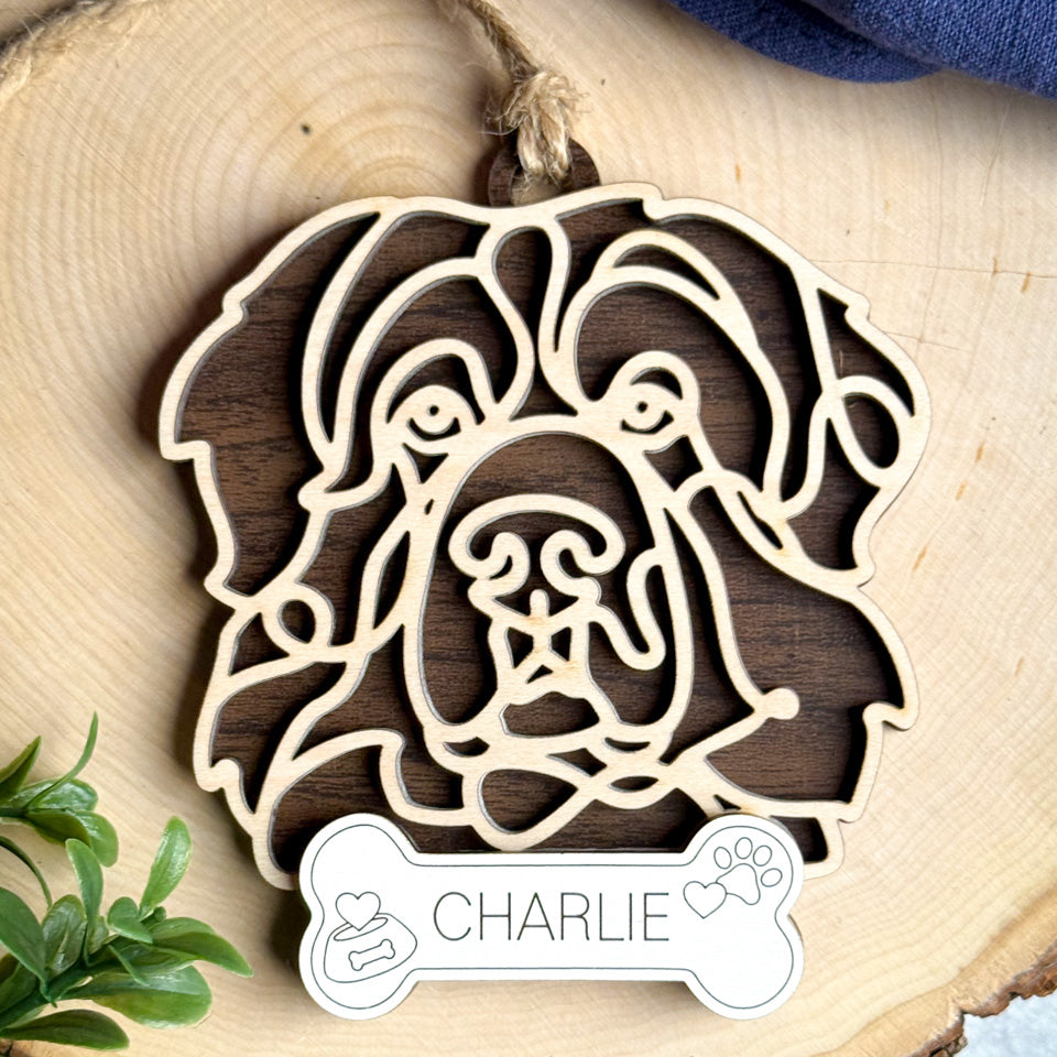 Karakachan line art dog ornament laser cut from natural wood.