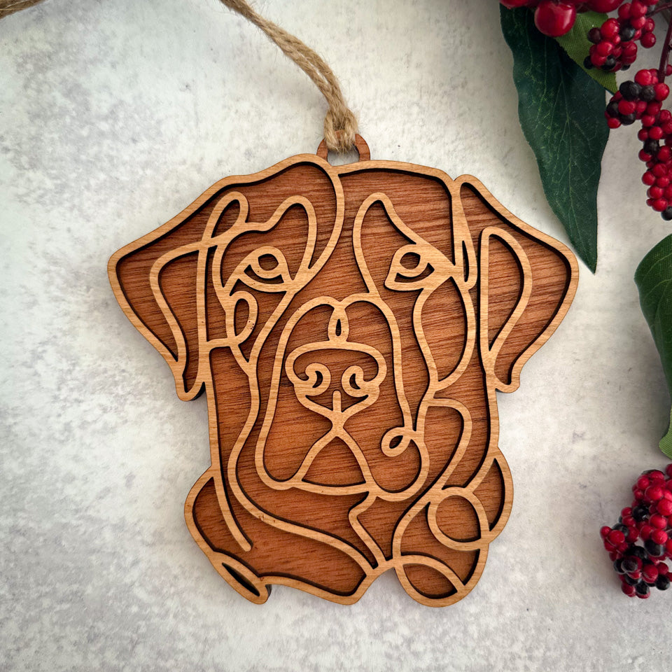 Labrador Retriever line art dog ornament laser cut from natural wood.