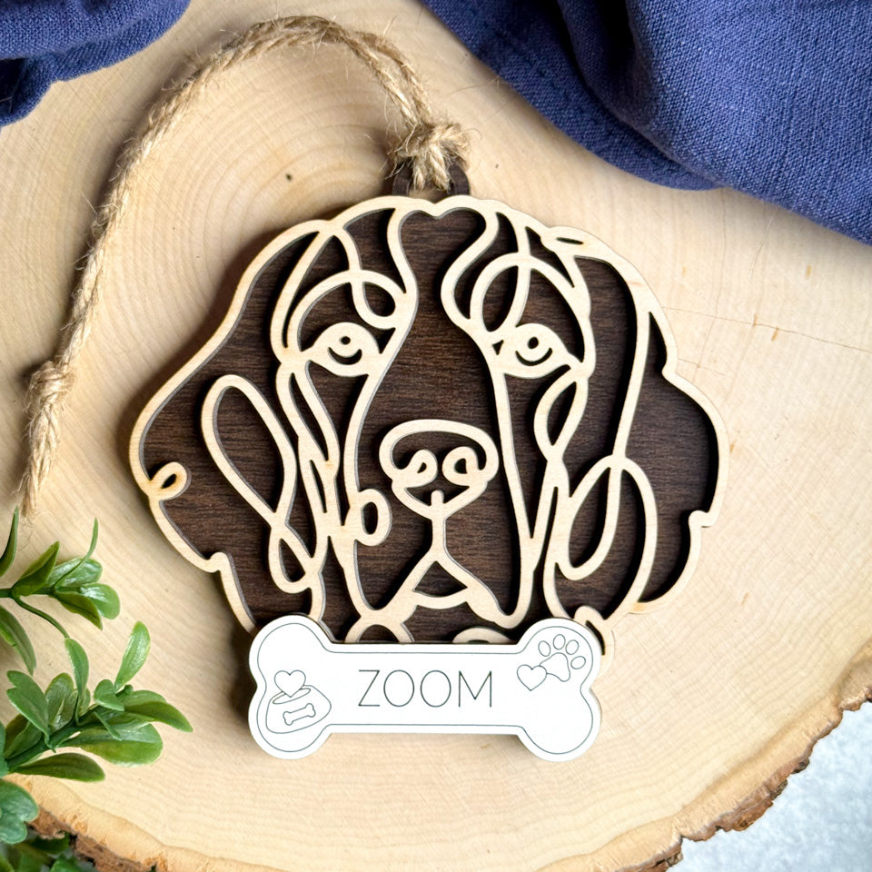 Llewellin Setter line art dog ornament laser cut from natural wood.
