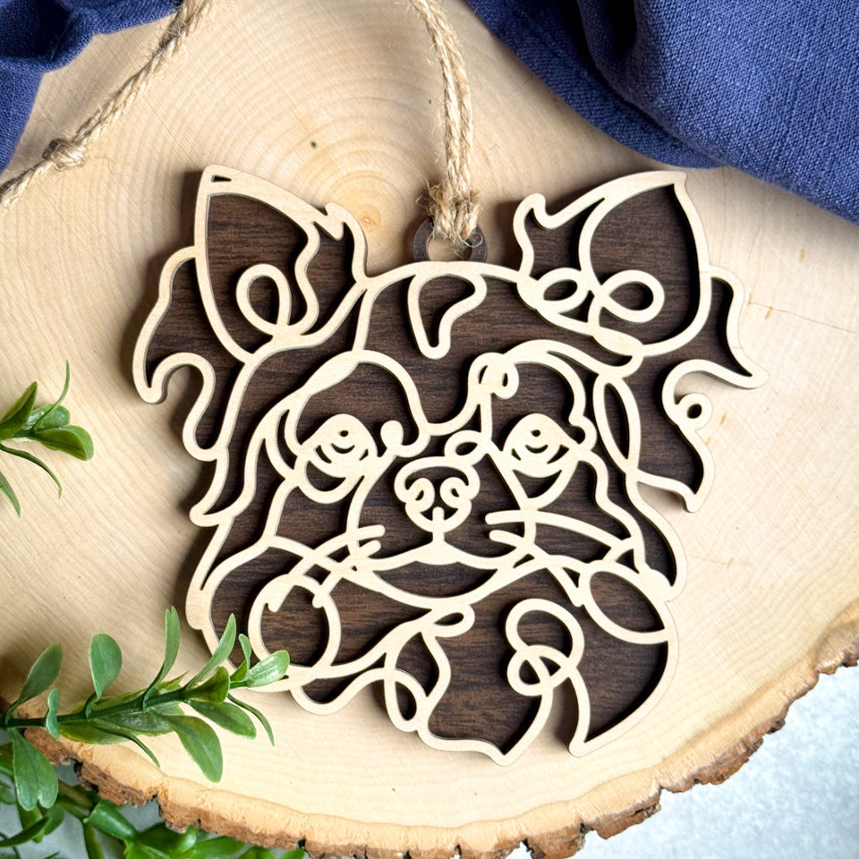 Long Haired Chihuahua  line art dog ornament laser cut from natural wood