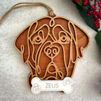 Mastiff line art dog ornament laser cut from natural wood.