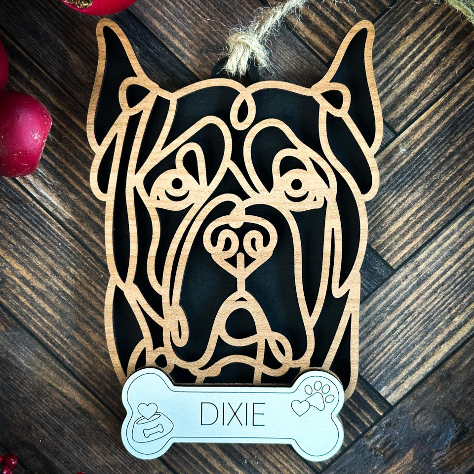 Mastiff Cropped line art dog ornament laser cut from natural wood.