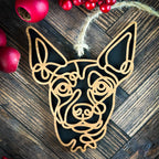 Mini Pinscher Pointy Ears line art dog ornament laser cut from natural wood.
