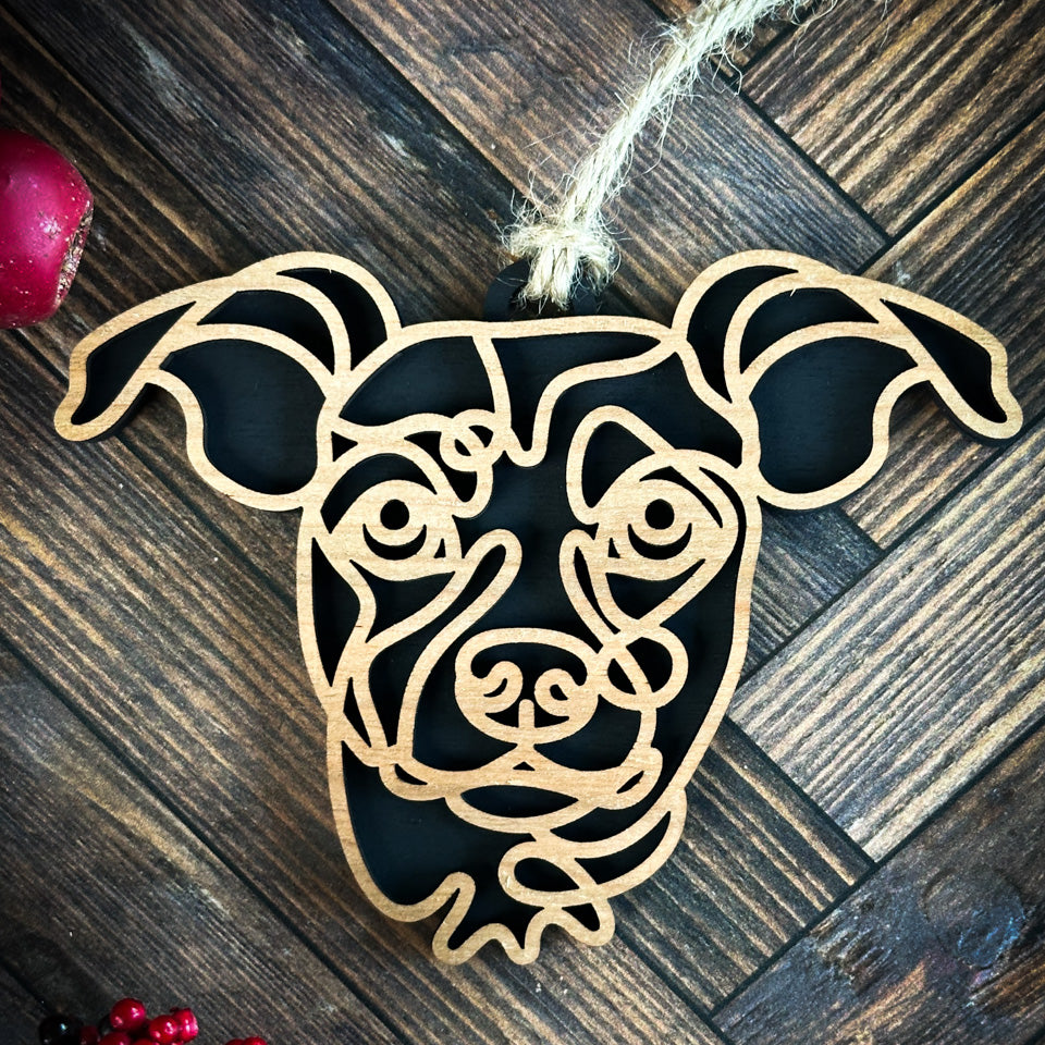 Mini Pinscher Soft Ears line art dog ornament laser cut from natural wood.