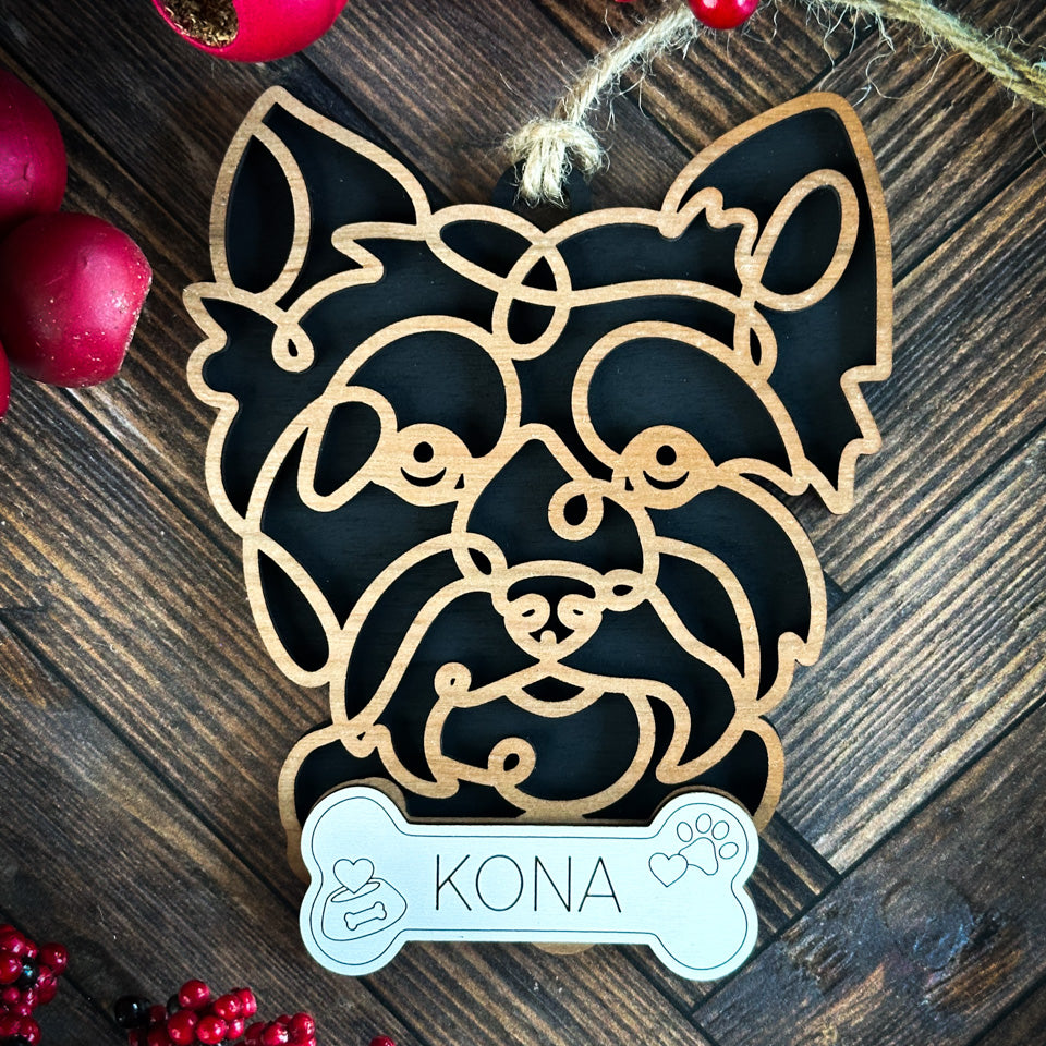 Morkie line art dog ornament laser cut from natural wood.
