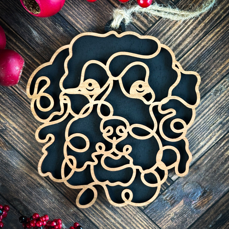 Old English Sheep Dog line art dog ornament laser cut from natural wood.
