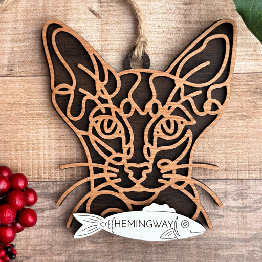 Oriental Shorthair line art cat ornament laser cut from natural wood, minimalist feline silhouette design