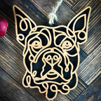 Pit Bull Cropped line art dog ornament laser cut from natural wood.