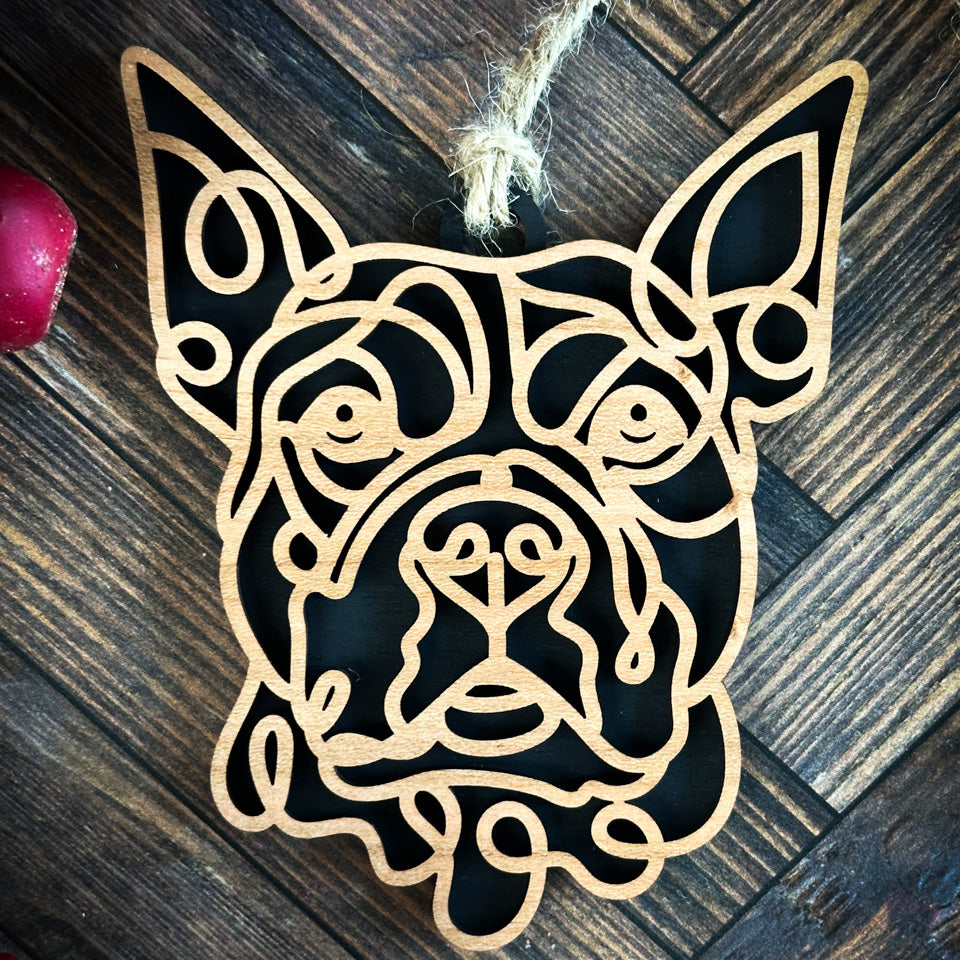 Pit Bull Cropped line art dog ornament laser cut from natural wood.