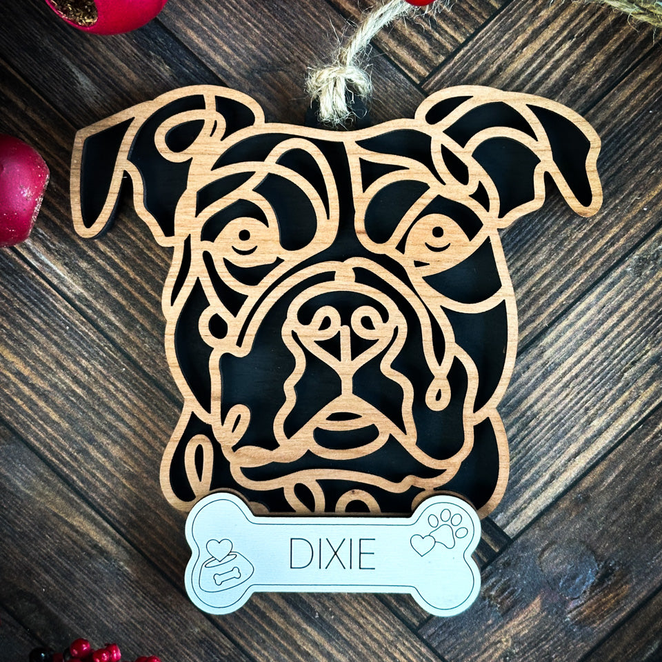 Pit Bull Natural line art dog ornament laser cut from natural wood.