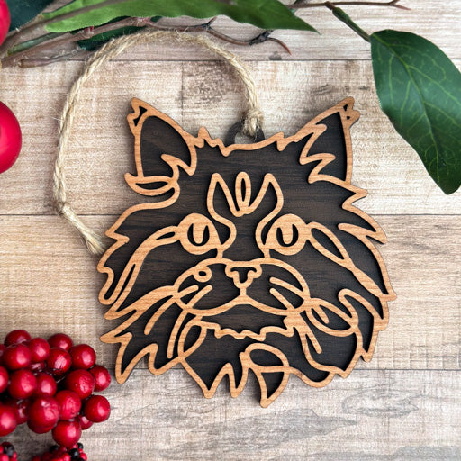 Ragamuffin line art cat ornament laser cut from natural wood, minimalist feline silhouette design