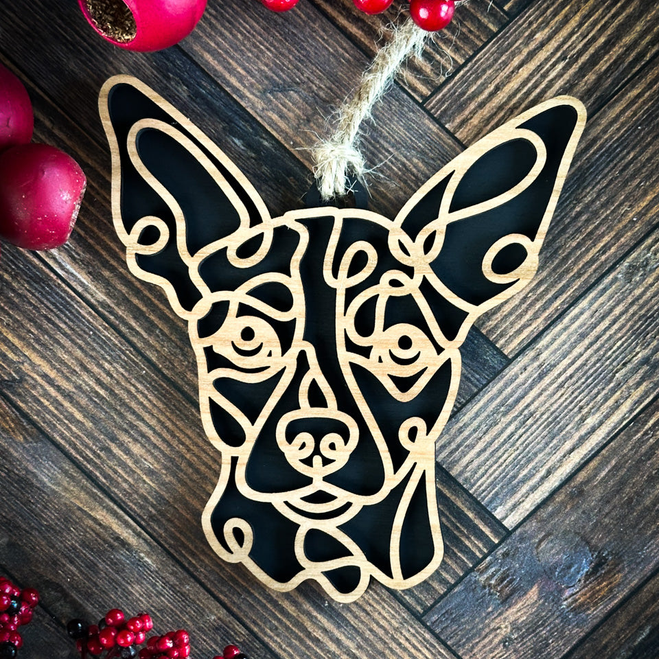 Rat Terrier line art dog ornament laser cut from natural wood.