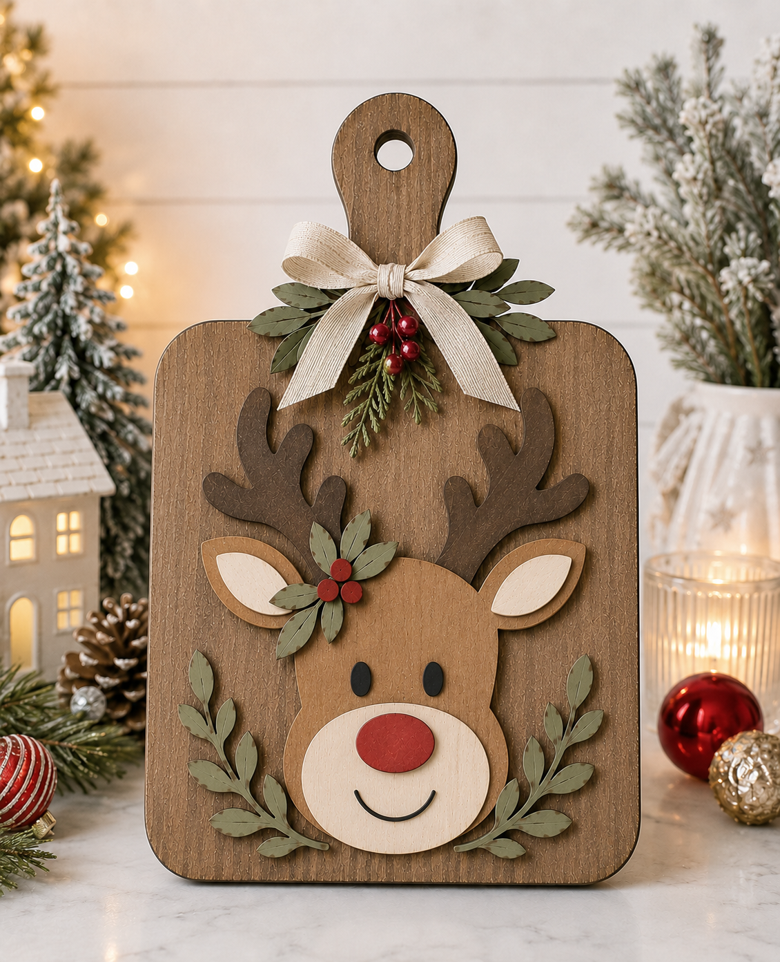 A rectangular wooden cutting board with rounded corners and a handle, decorated with a layered wooden reindeer face, green leafy garlands, red berries, and a cream ribbon bow at the top. The board is photographed on a marble-like surface with holiday decorations, including a miniature house, pinecones, ornaments, and soft string lights in the background.