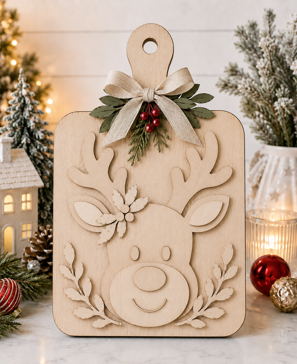 A light natural wood Christmas cutting board featuring a carved reindeer face, antlers, leafy branches, and a hanging loop. The board is decorated with a beige ribbon bow, green pine sprigs, and small red berries, and is styled on a marble surface with holiday decorations including a miniature house, candles, and ornaments.