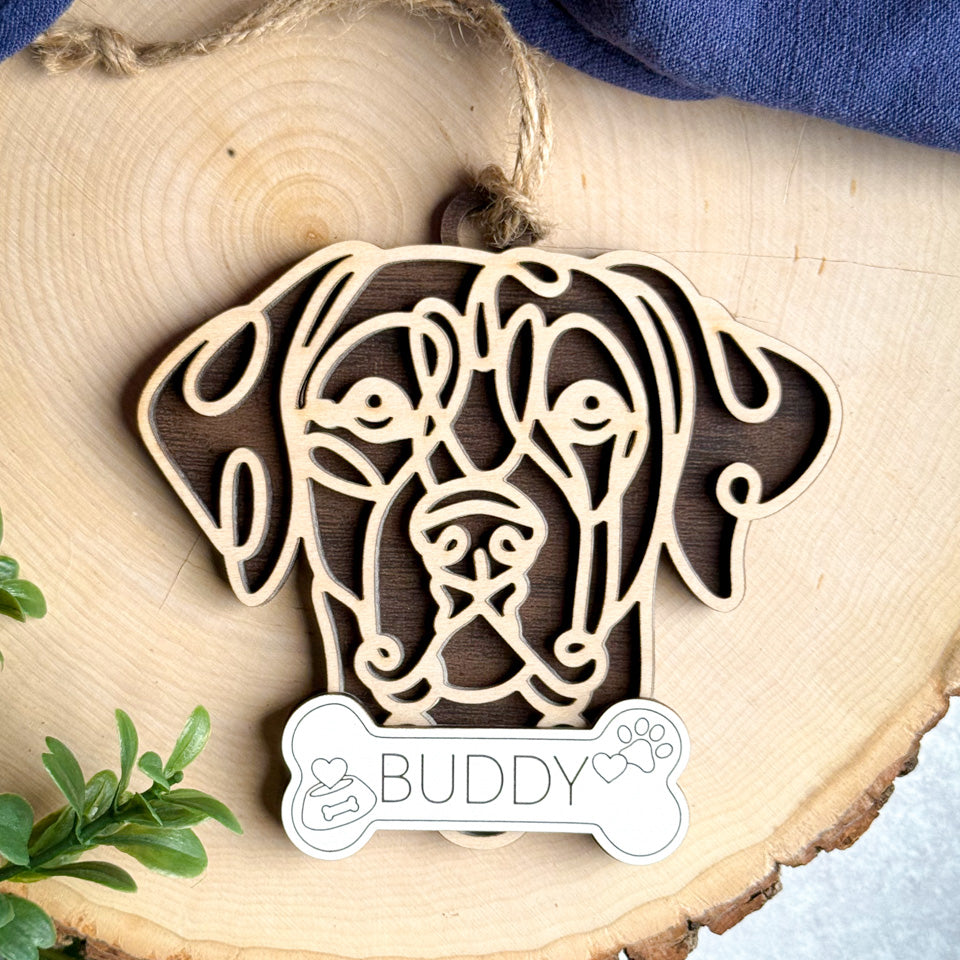 Rhodesian Ridgeback line art dog ornament laser cut from natural wood.