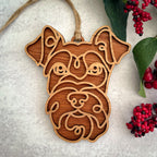 Schnauzer line art dog ornament laser cut from natural wood.
