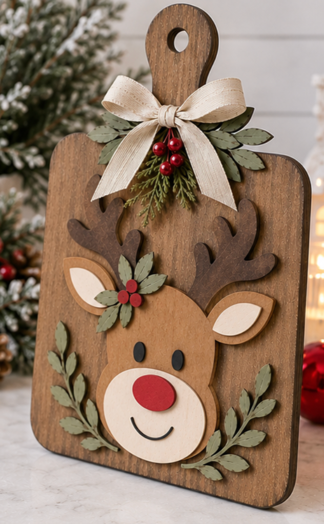 A rustic wooden cutting board or decorative plaque featuring a layered reindeer face with antlers, green leafy accents, a red nose, and a cream ribbon bow with red berries at the top, shown against a softly blurred holiday background.
