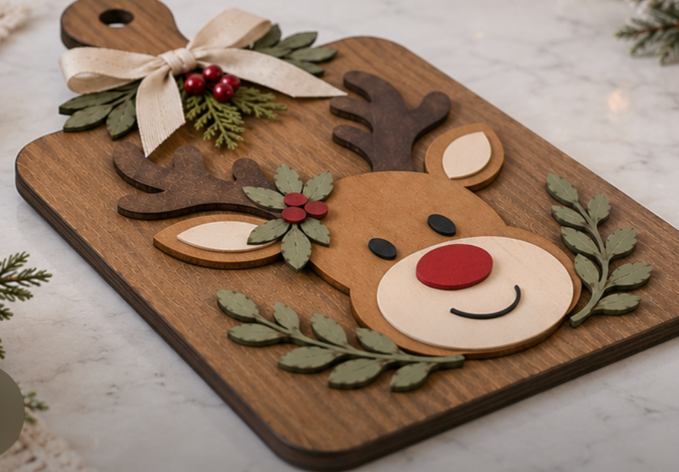 A wooden Christmas cutting board or serving board featuring a stylized reindeer face made from layered wood in natural tones, with green leaf accents, small red berries, and a cream ribbon bow at the handle.