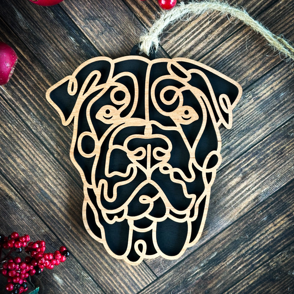 Shar Pei line art dog ornament laser cut from natural wood.