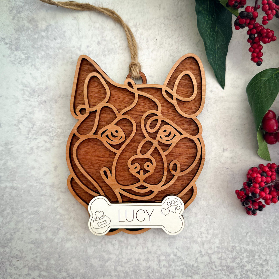Shiba Inu line art dog ornament laser cut from natural wood.
