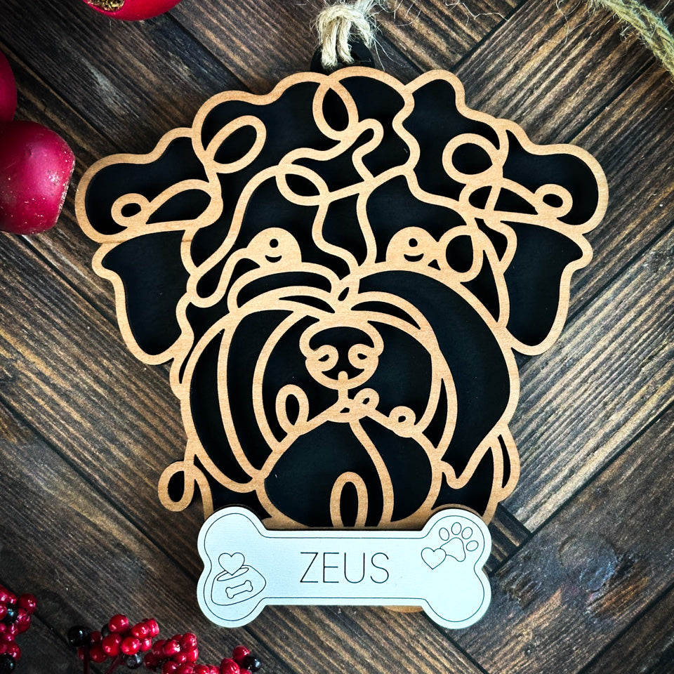 Wheaton Terrier line art dog ornament laser cut from natural wood.