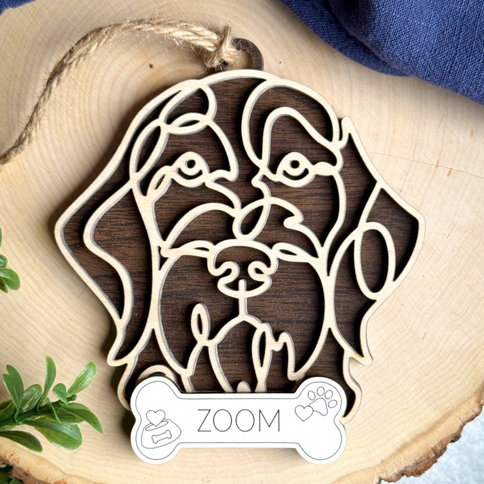Spinone Italiano line art dog ornament laser cut from natural wood.