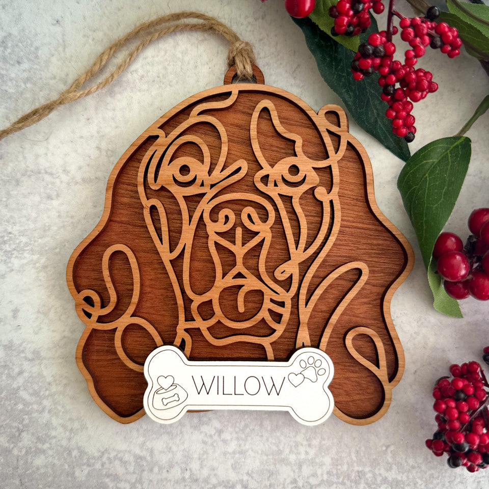 Springer Spaniel line art dog ornament laser cut from natural wood.