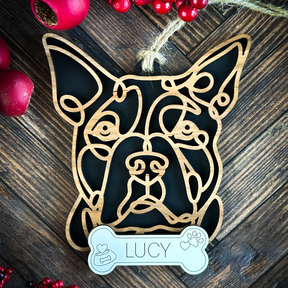 Staffordshire Bull Terrier Cropped line art dog ornament laser cut from natural wood.