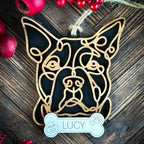 Staffordshire Bull Terrier Cropped line art dog ornament laser cut from natural wood.