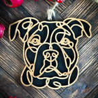 Staffordshire Bull Terrier line art dog ornament laser cut from natural wood.