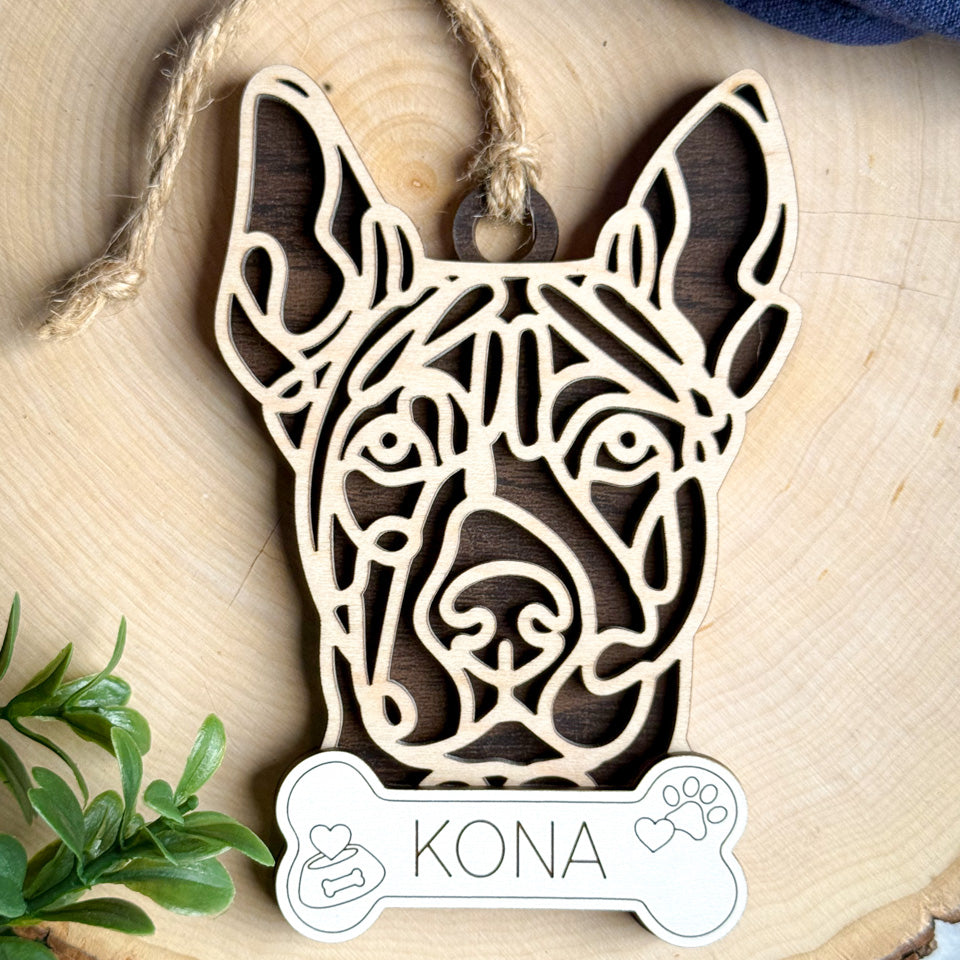 Thai Ridgeback line art dog ornament laser cut from natural wood.