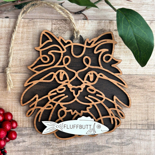 Turkish Angora line art cat ornament laser cut from natural wood, minimalist feline silhouette design