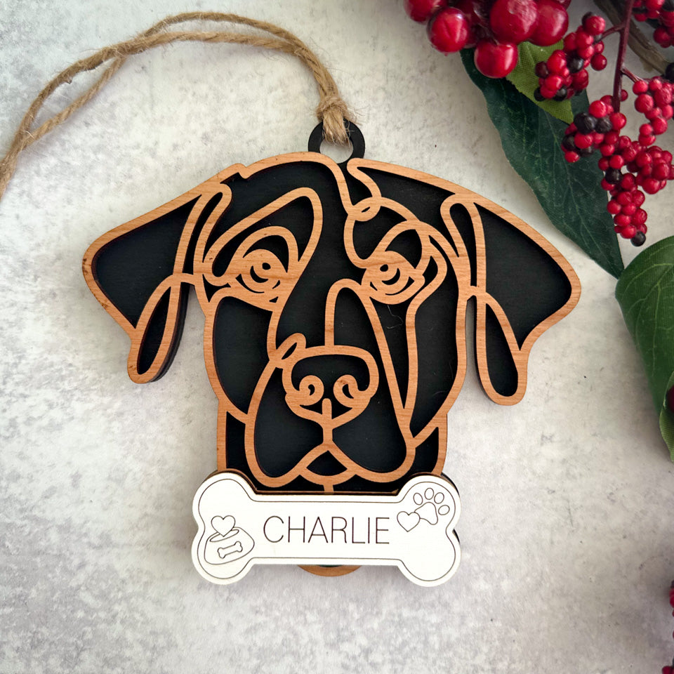 Vizsla line art dog ornament laser cut from natural wood.
