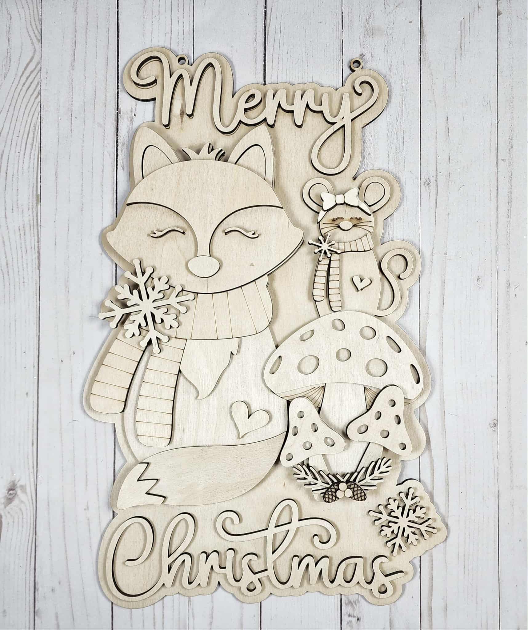 Merry Christmas Forest Friends Door Hanger DIY Kit — Fox, Mouse & Mushrooms